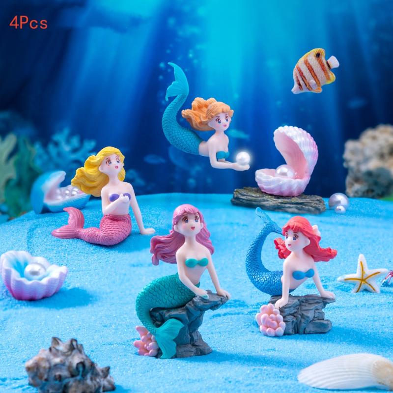 Aquarium Fish Items - 4Pcs Plastic Fish Tank Little Mermaid