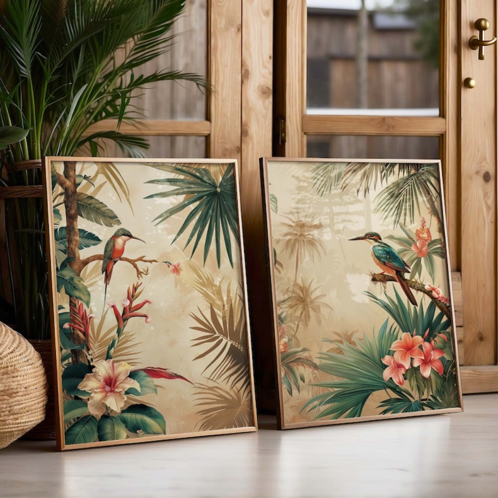 Live Plant Fertilizer - 2 Frameless Retro Plant Bird Posters,Tropical